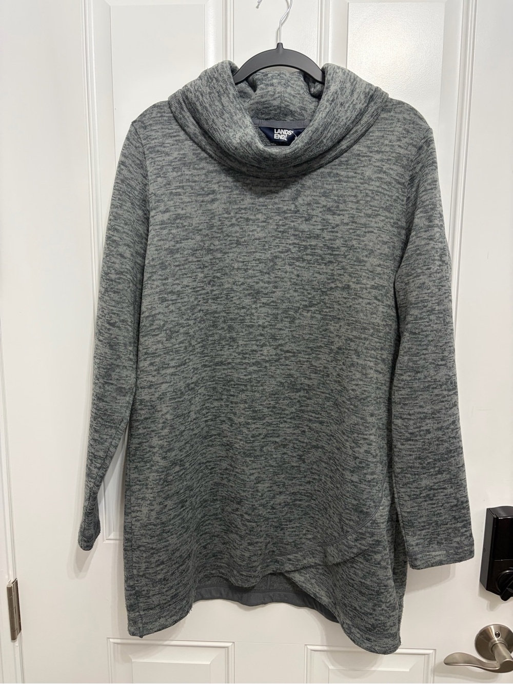 Lands' End Women's Heathered Gray Sweater-Fleece Cowl Neck Tunic Pullover -L/T
